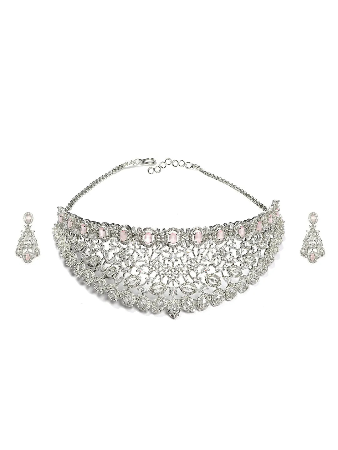 Silver Plated Pink Cubic Zirconia Bridal Necklace Set | Exquisite Wedding Jewellery Set