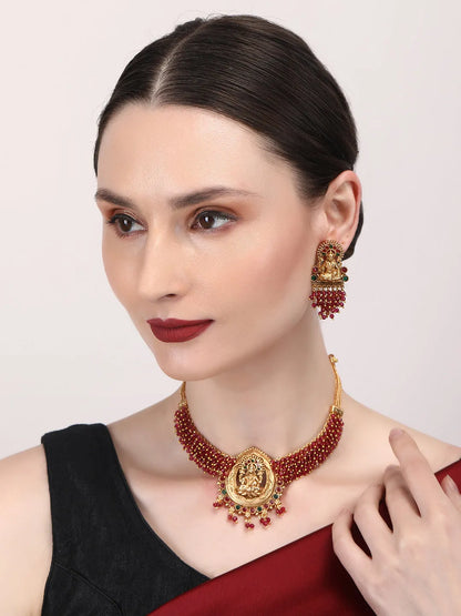 Exquisite Gold-Plated Temple Hydra Beads Necklace Set - A divine blend of tradition and elegance. Elevate your style with this stunning piece from SileAdda.