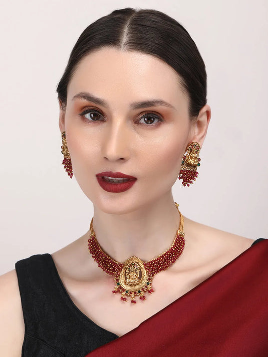 Exquisite Red Hydra Beads Laxmi Temple Necklace Set