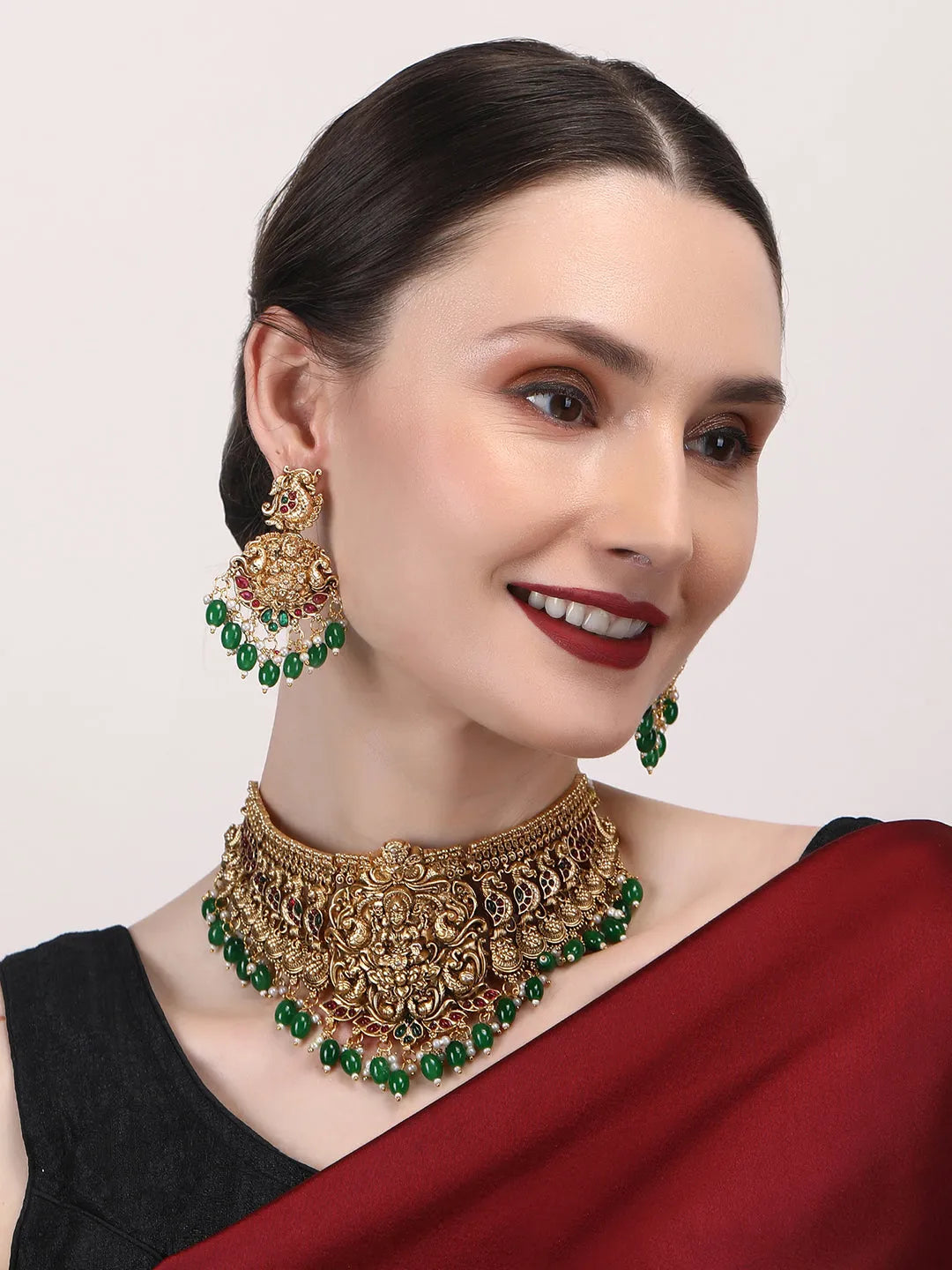 Matte Finish Lakshmi Choker With Green Beads