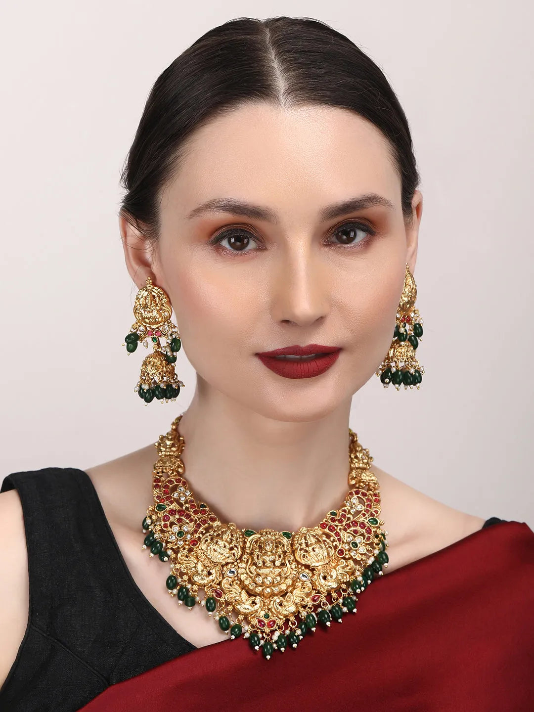 Gold Plated Green Beads Temple Necklace Set With Jhumkas