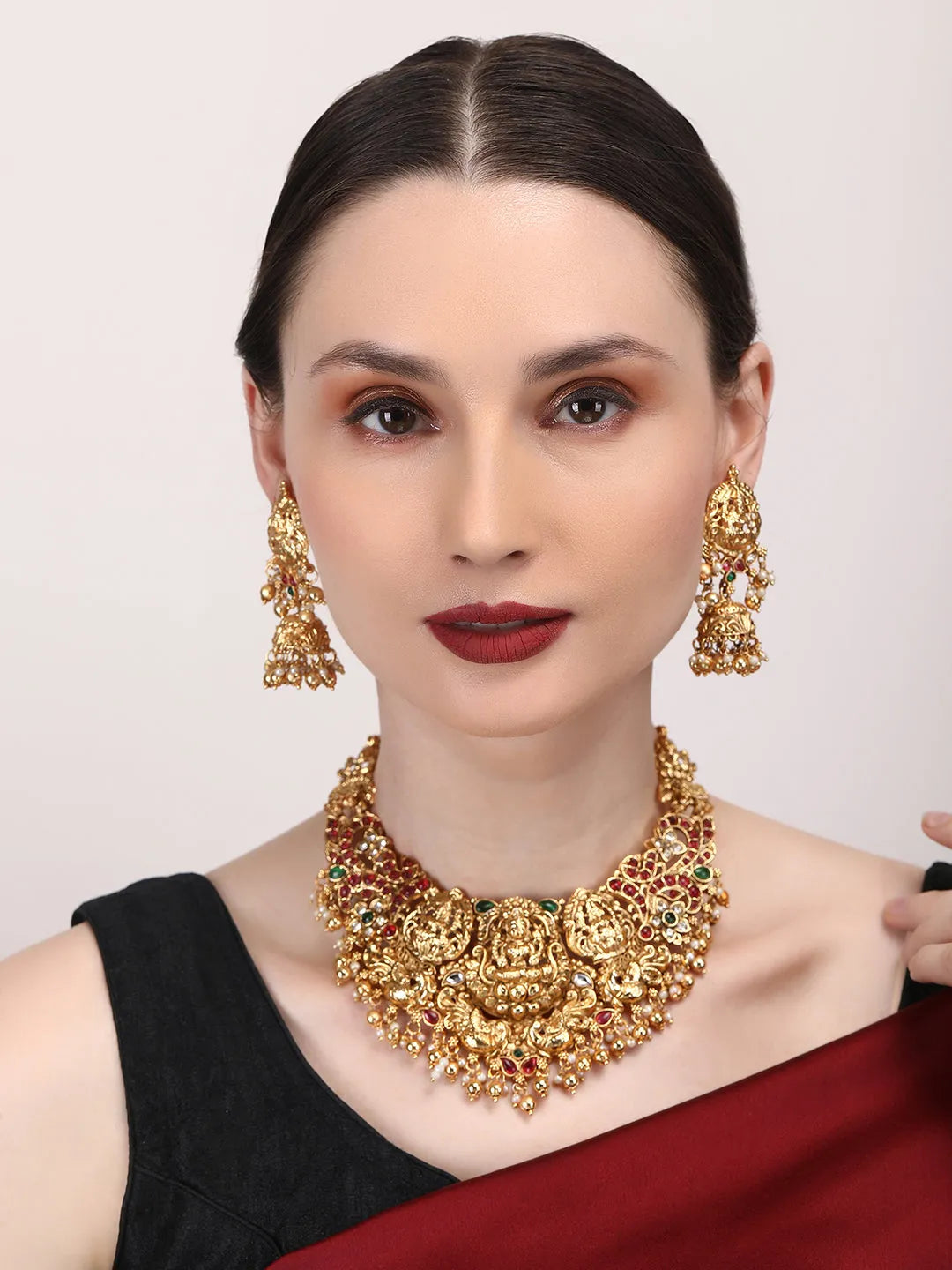 Gold Plated Temple Necklace Set With Jhumkas