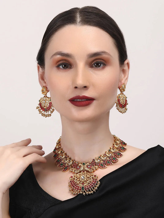 Gold Plated Ruby Green Mango Patti Necklace Set