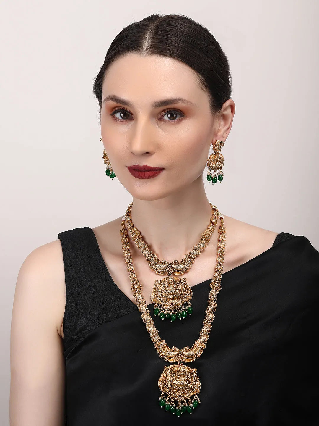 Gold Plated Temple Green Beads Combo Jewelry Set