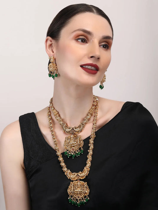 Gold Plated Temple Green Beads Combo Jewelry Set