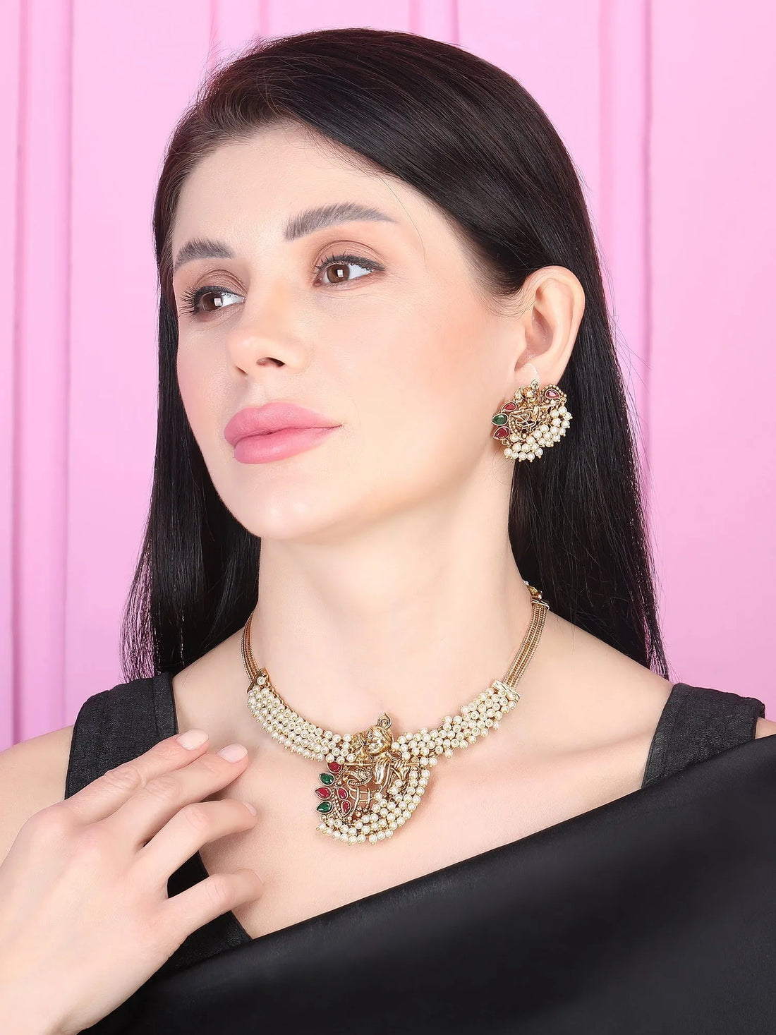 Exquisite Gold-Plated Temple Hydra Beads Necklace Set - A divine blend of tradition and elegance. Elevate your style with this stunning piece from SileAdda.