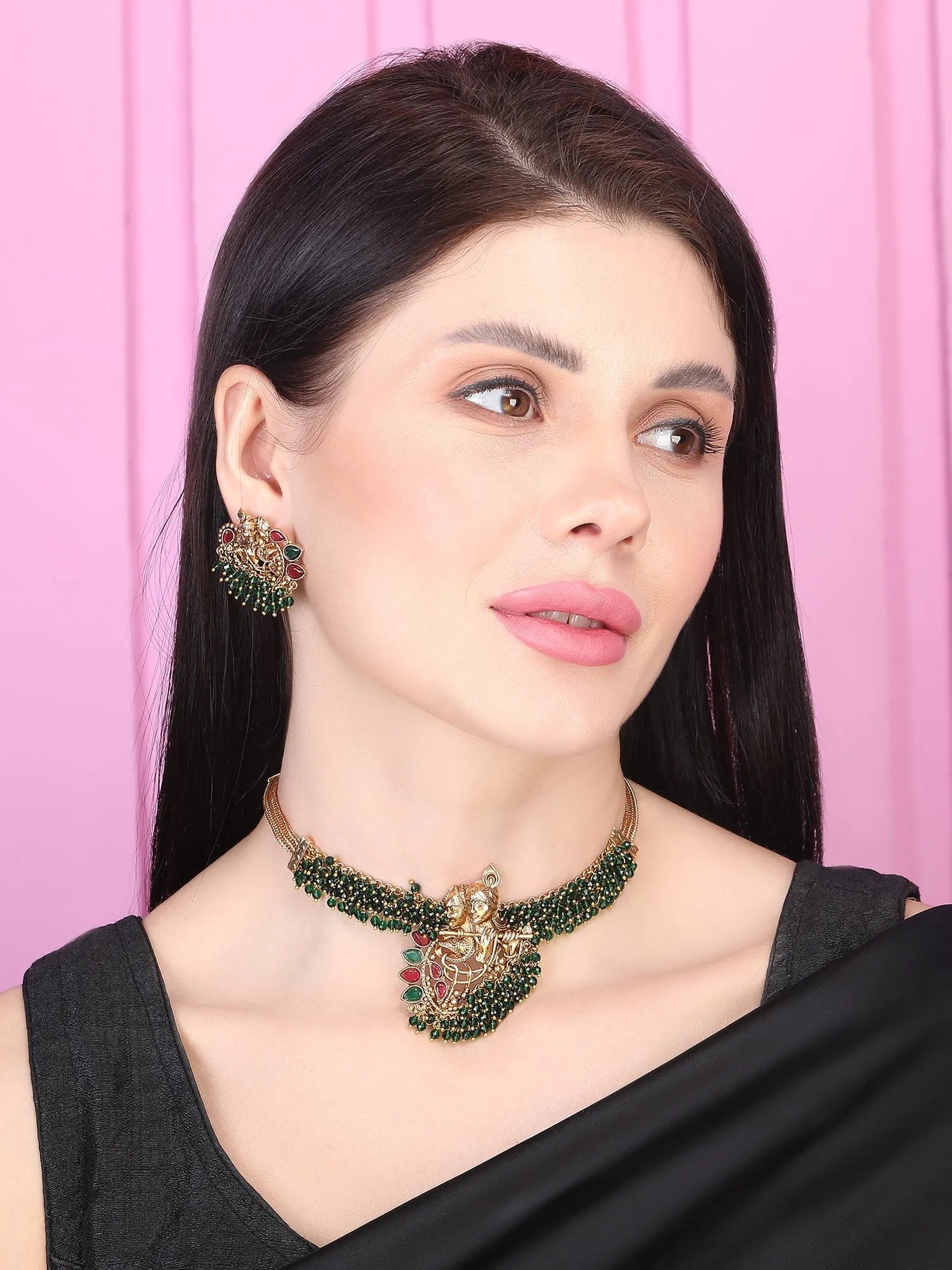 Exquisite Gold-Plated Temple Hydra Beads Necklace Set - A divine blend of tradition and elegance. Elevate your style with this stunning piece from SileAdda.