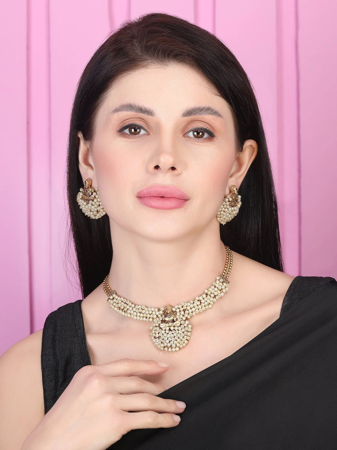 Exquisite Gold-Plated Temple Hydra Beads Necklace Set - A divine blend of tradition and elegance. Elevate your style with this stunning piece from SileAdda.