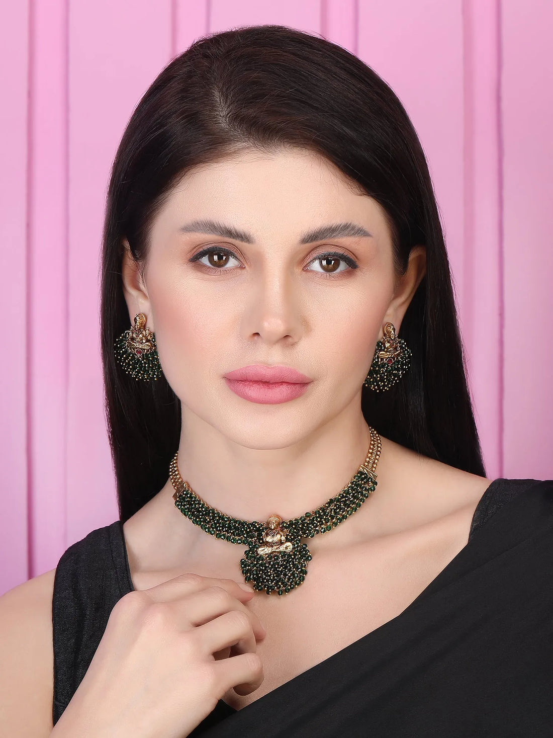 Exquisite Gold-Plated Temple Hydra Beads Necklace Set - A divine blend of tradition and elegance. Elevate your style with this stunning piece from SileAdda.