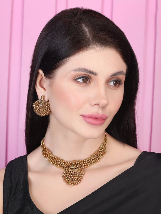 Exquisite Gold-Plated Temple Hydra Beads Necklace Set - A divine blend of tradition and elegance. Elevate your style with this stunning piece from SileAdda.