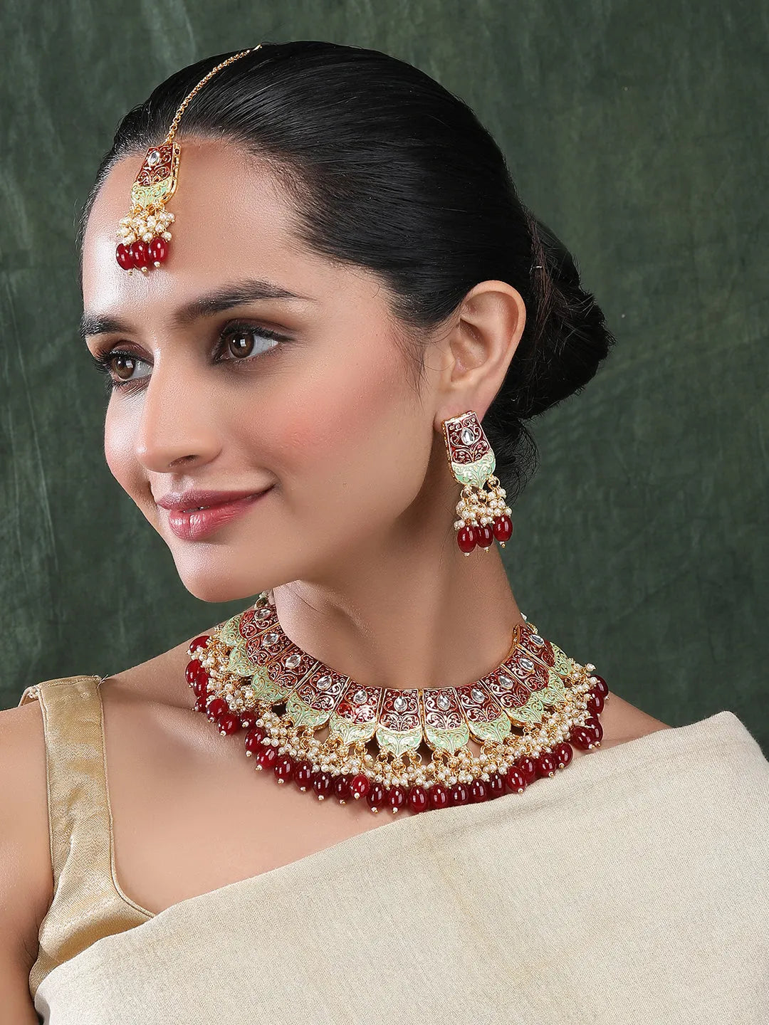 Magnificent Maroon Kundan Meenakari Droplet Necklace Set