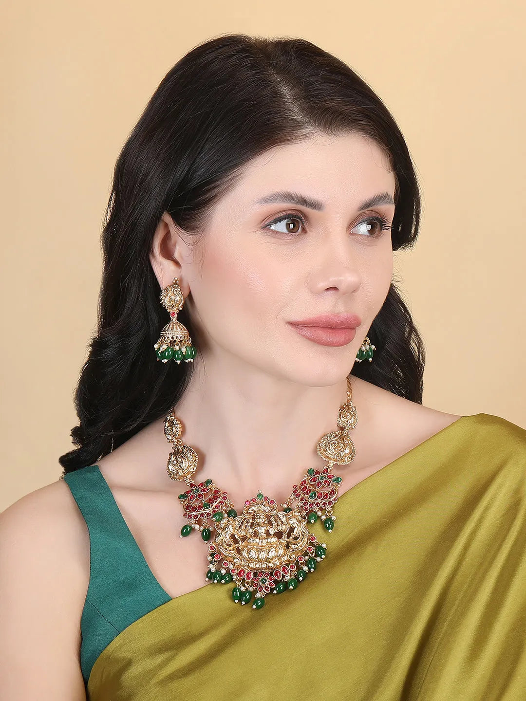 Gold Plated Lakshmi Pendant Necklace Set