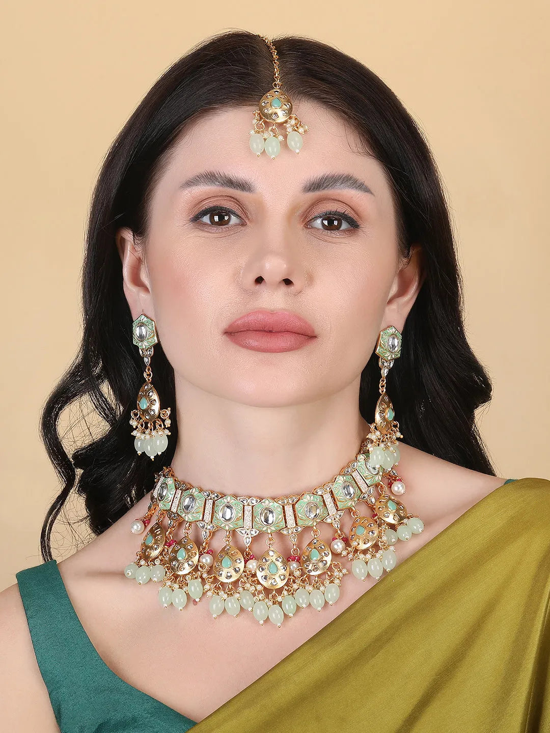 Enamel Coated Sea Green Pearls Beaded Kundan Choker Set