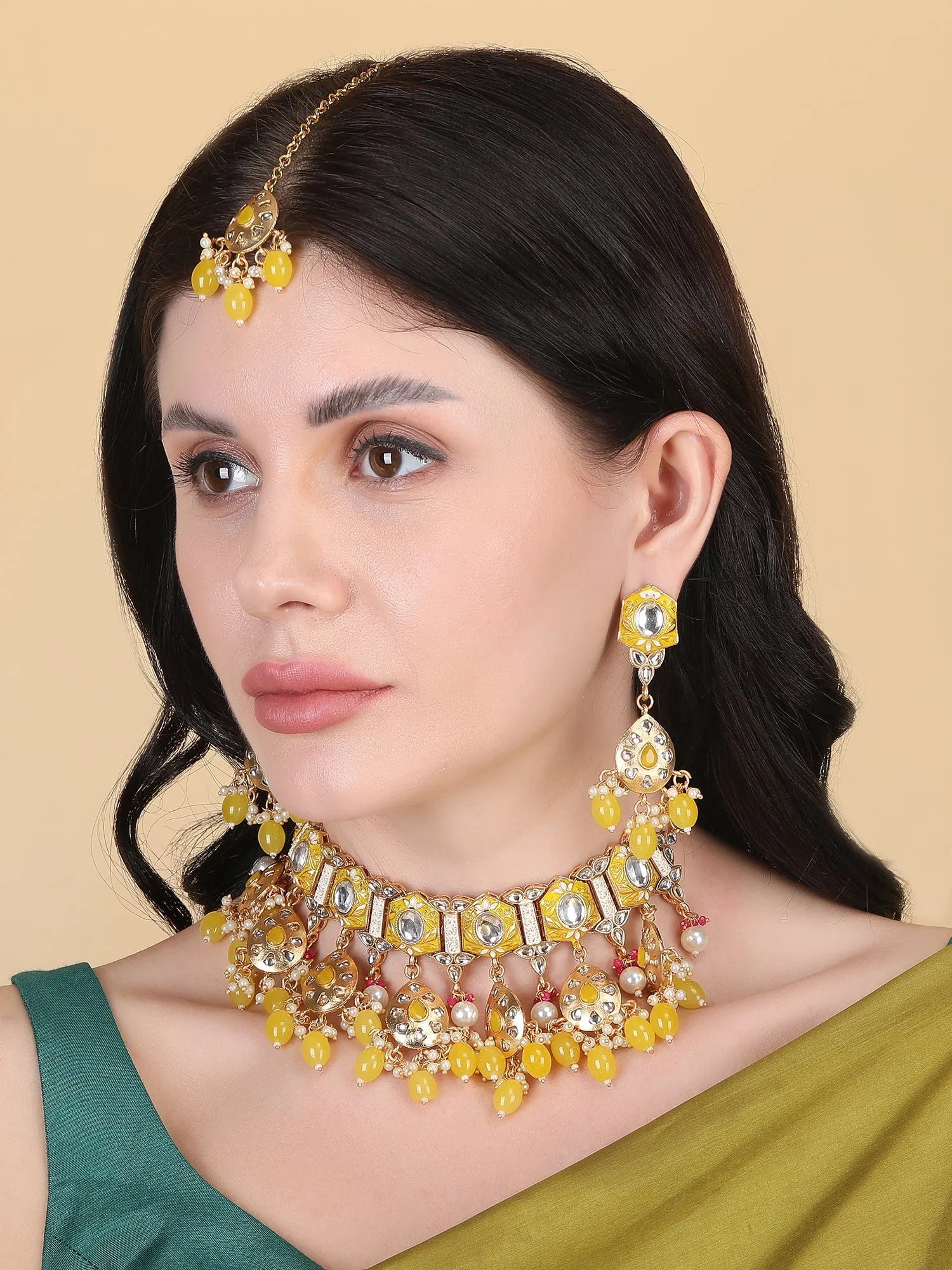 Enamel Coated Yellow Pearls Beaded Kundan Choker Set