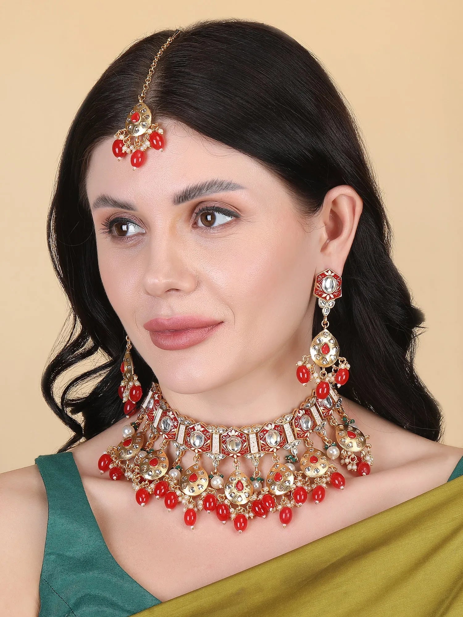 Enamel Coated Red Pearls Beaded Kundan Choker Set