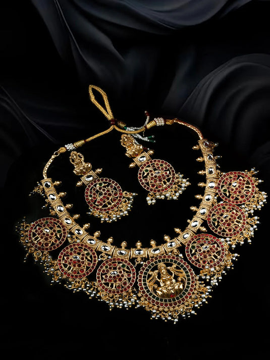 Gold Plated Multicolor Temple Pusa Beads Necklace Set