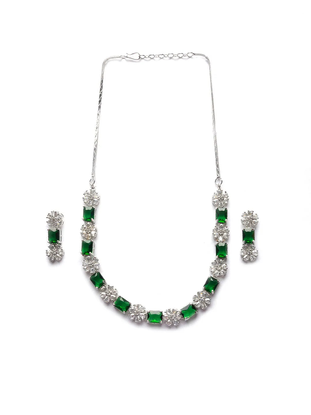 Exquisite Green Flower Motif CZ Sleek Necklace Set