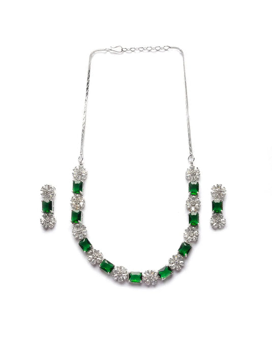 Exquisite Green Flower Motif CZ Sleek Necklace Set