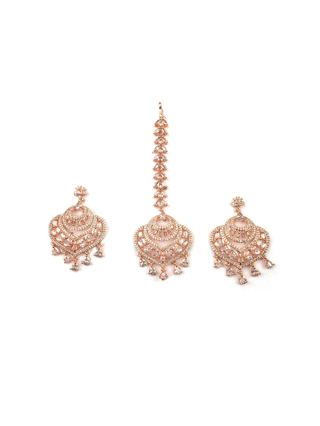 Sparkling AD Paan Style Earring-Maangtika Set in Rose Gold Tone | Shop Now