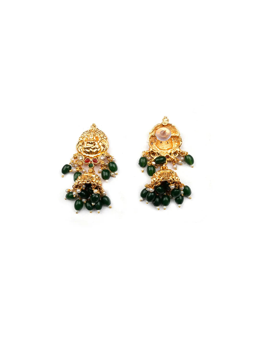 Gold Plated Green Beads Temple Necklace Set With Jhumkas