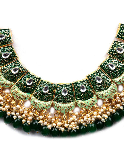 Gracious Green Kundan Meenakari Droplet Necklace Set