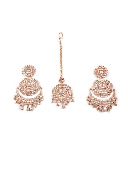 Cubic Zirconia Studded Rose Gold Tone Danglers-Maangtika Set