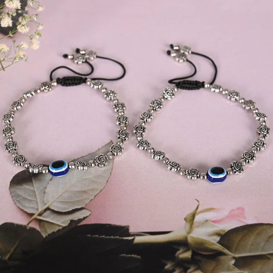 Evil Eye Beaded Silver Anklets