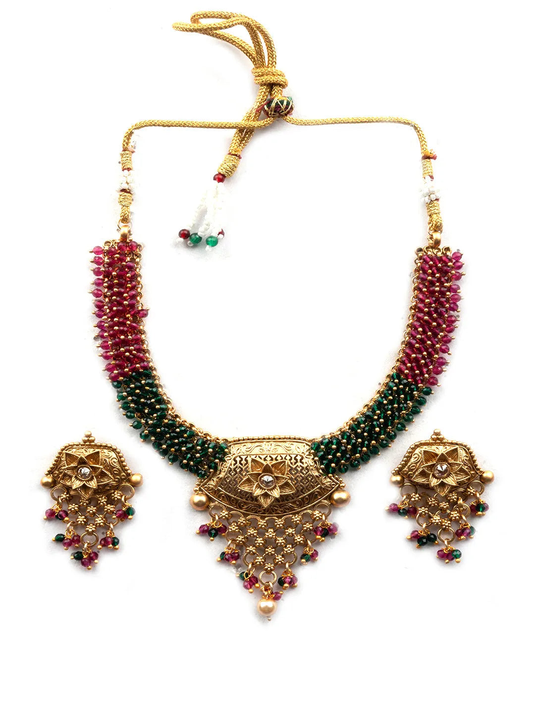 Ruby-Green Hydra Necklace Set In Dazzling Gold Finish