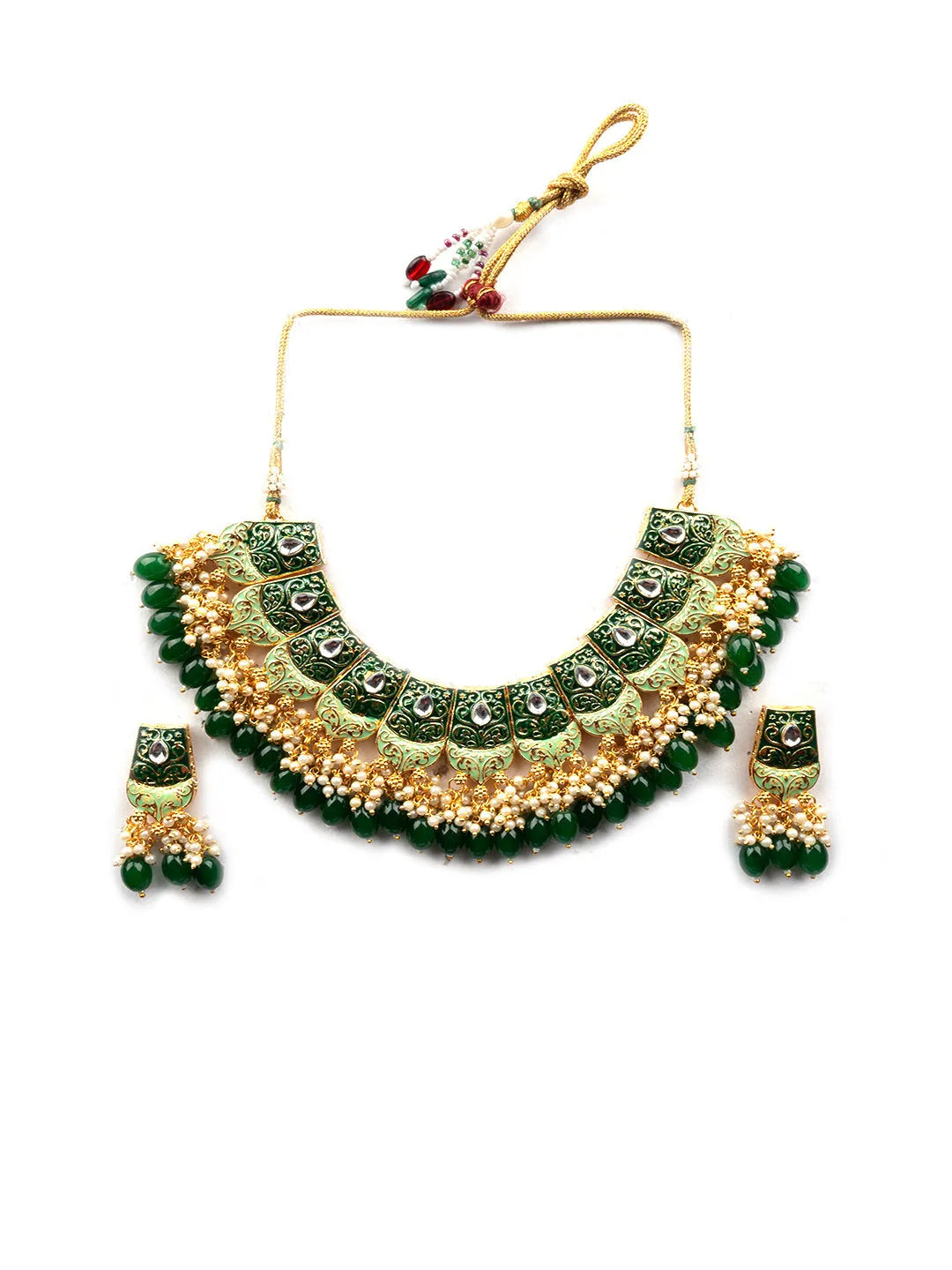 Gracious Green Kundan Meenakari Droplet Necklace Set