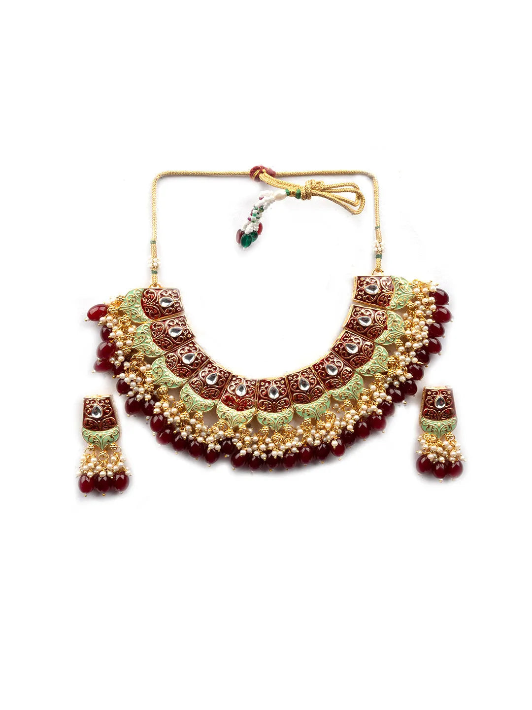 Magnificent Maroon Kundan Meenakari Droplet Necklace Set