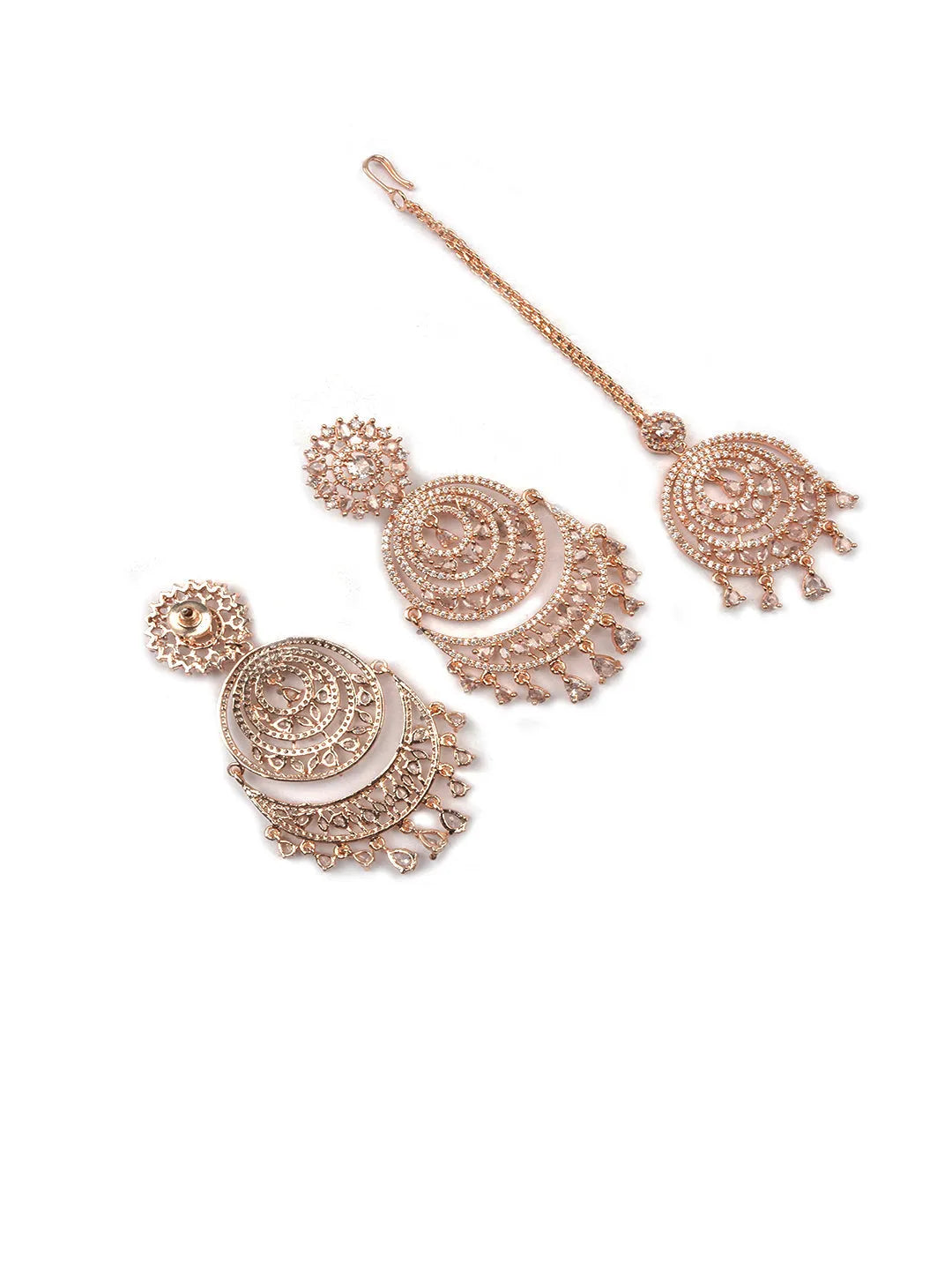 Cubic Zirconia Studded Rose Gold Tone Danglers-Maangtika Set