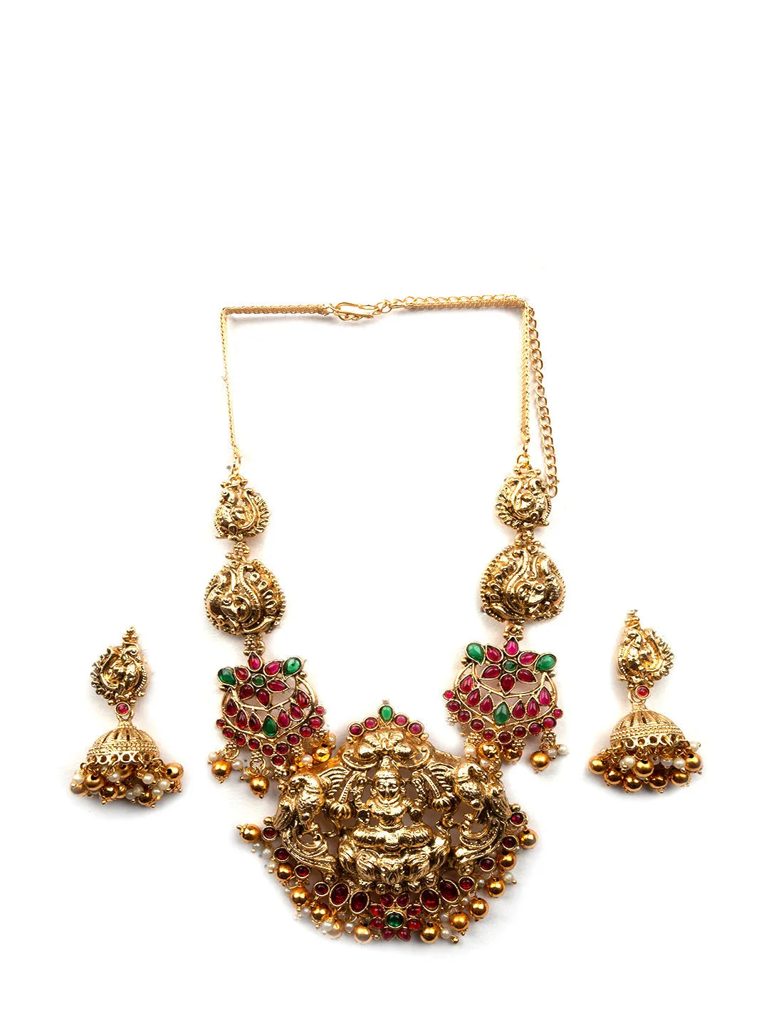 Gold Plated Green Beads Lakshmi Pendant Necklace Set