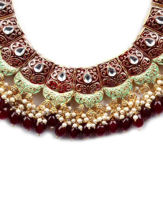 Magnificent Maroon Kundan Meenakari Droplet Necklace Set