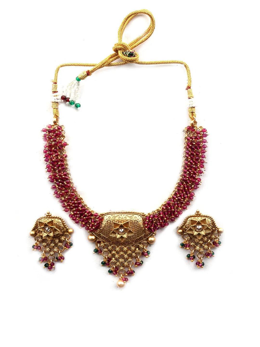 Red Hydra Necklace Set In Dazzling Gold Finish