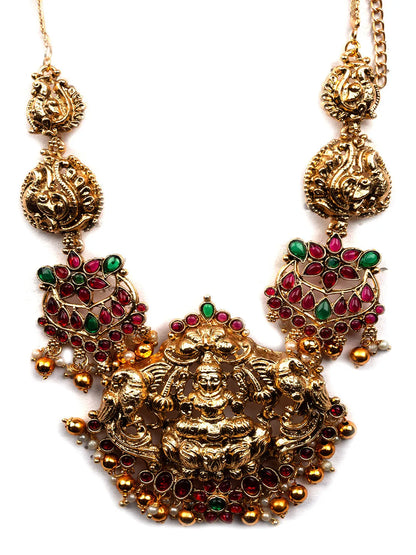 Gold Plated Green Beads Lakshmi Pendant Necklace Set