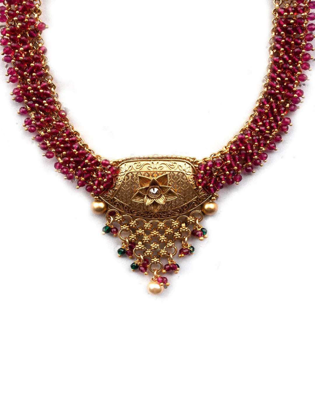 Red Hydra Necklace Set In Dazzling Gold Finish