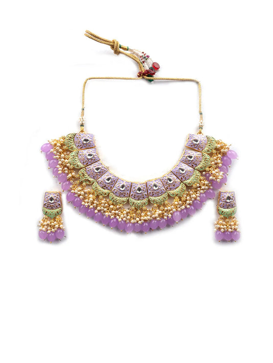 Luxurious Lavander Kundan Meenakari Droplet Necklace Set