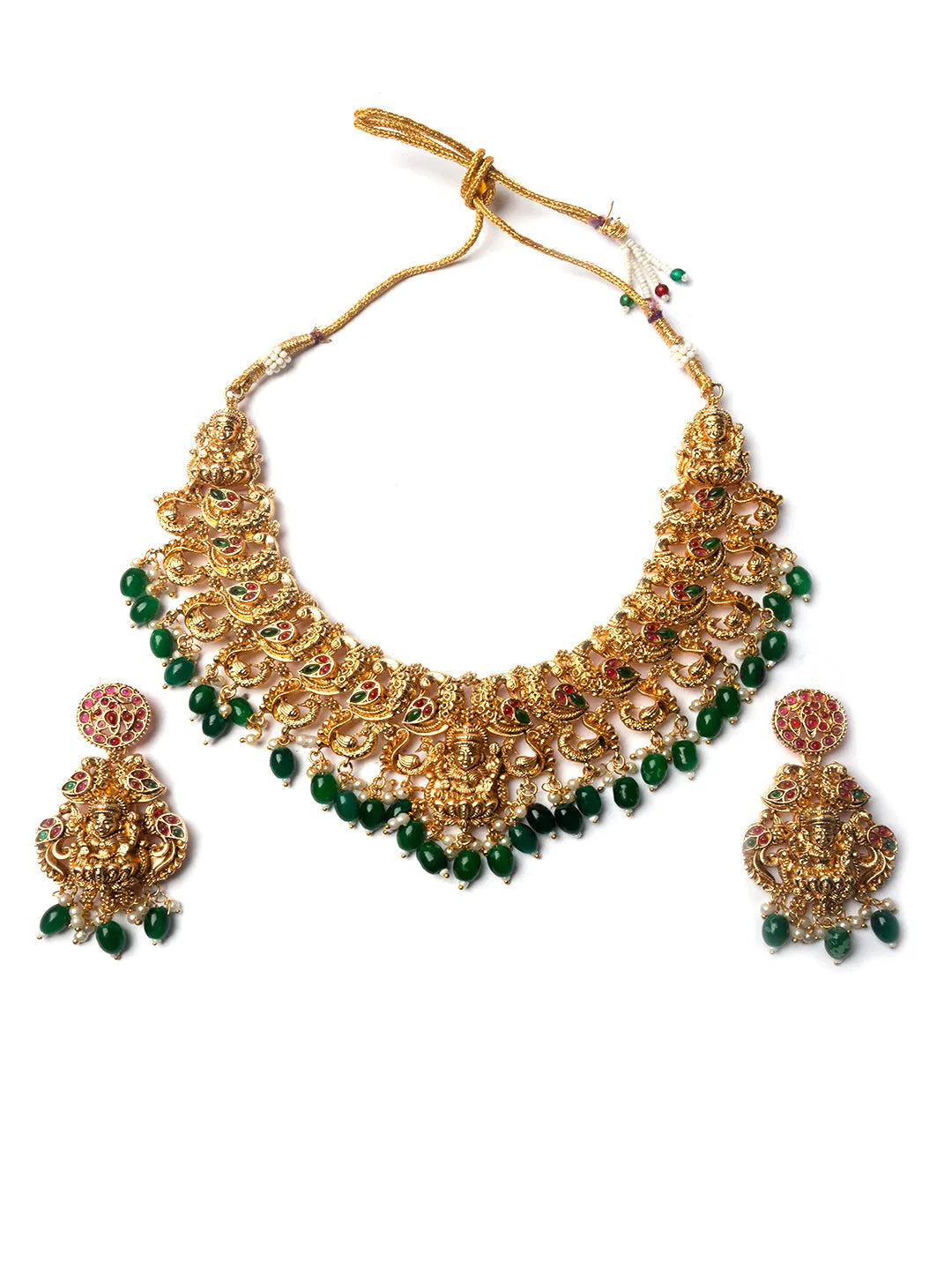 Gold Plated Mahalakshmi Necklace set with Green Droplet Beads