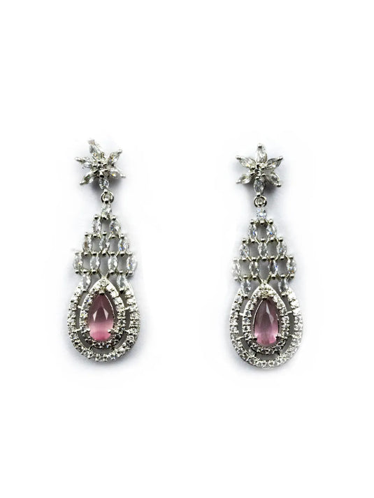 Pink AD-CZ Tear Drop Statement Necklace Set