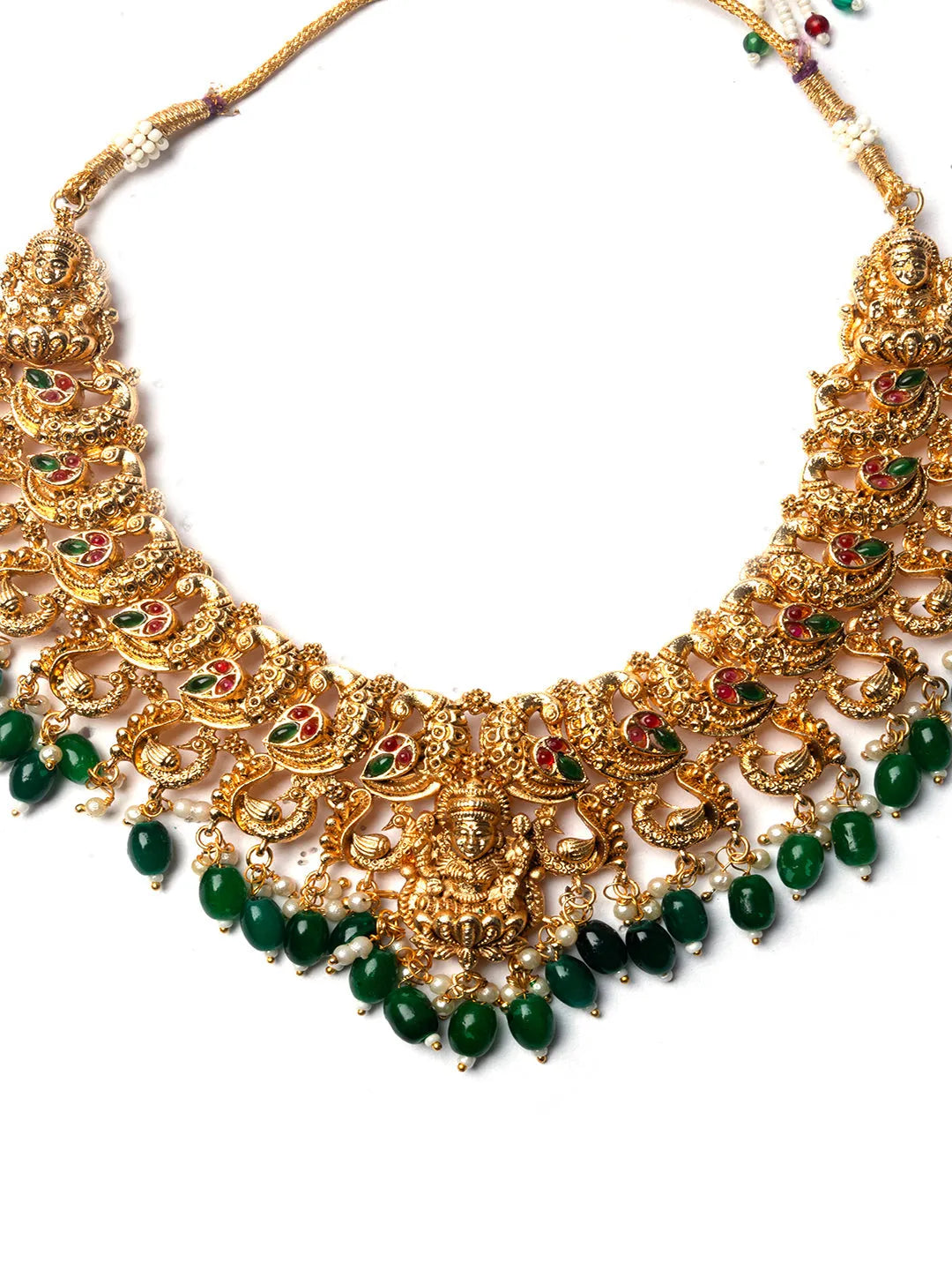 Gold Plated Mahalakshmi Necklace set with Green Droplet Beads