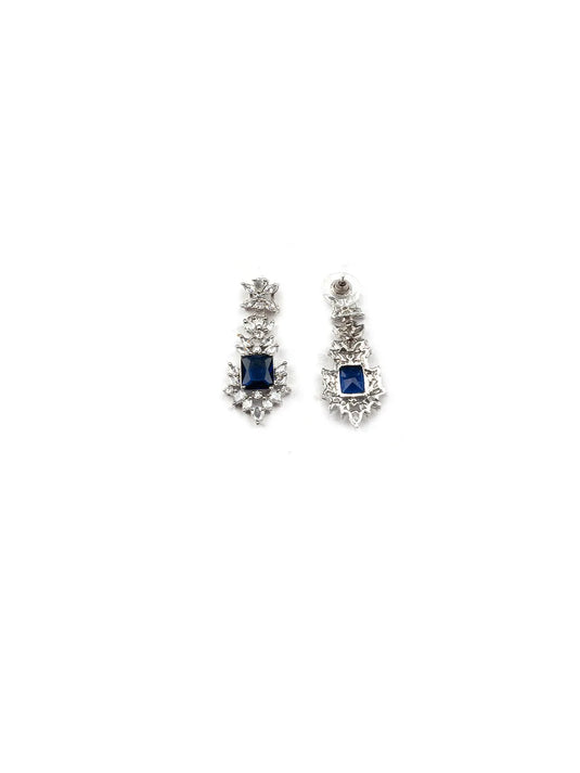 Silver Plated Blue Square AD CZ Studded Leaf Pendant Set With Earrings and Maangtika