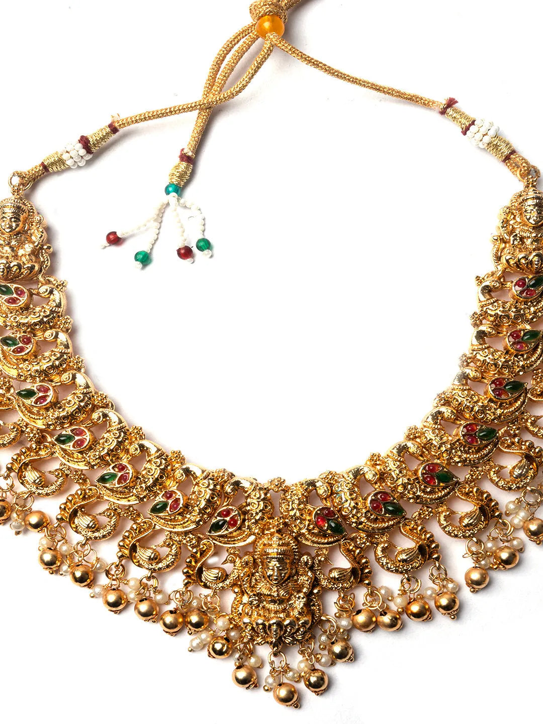 Gold Plated Mahalakshmi Necklace set with Gold Droplet Beads