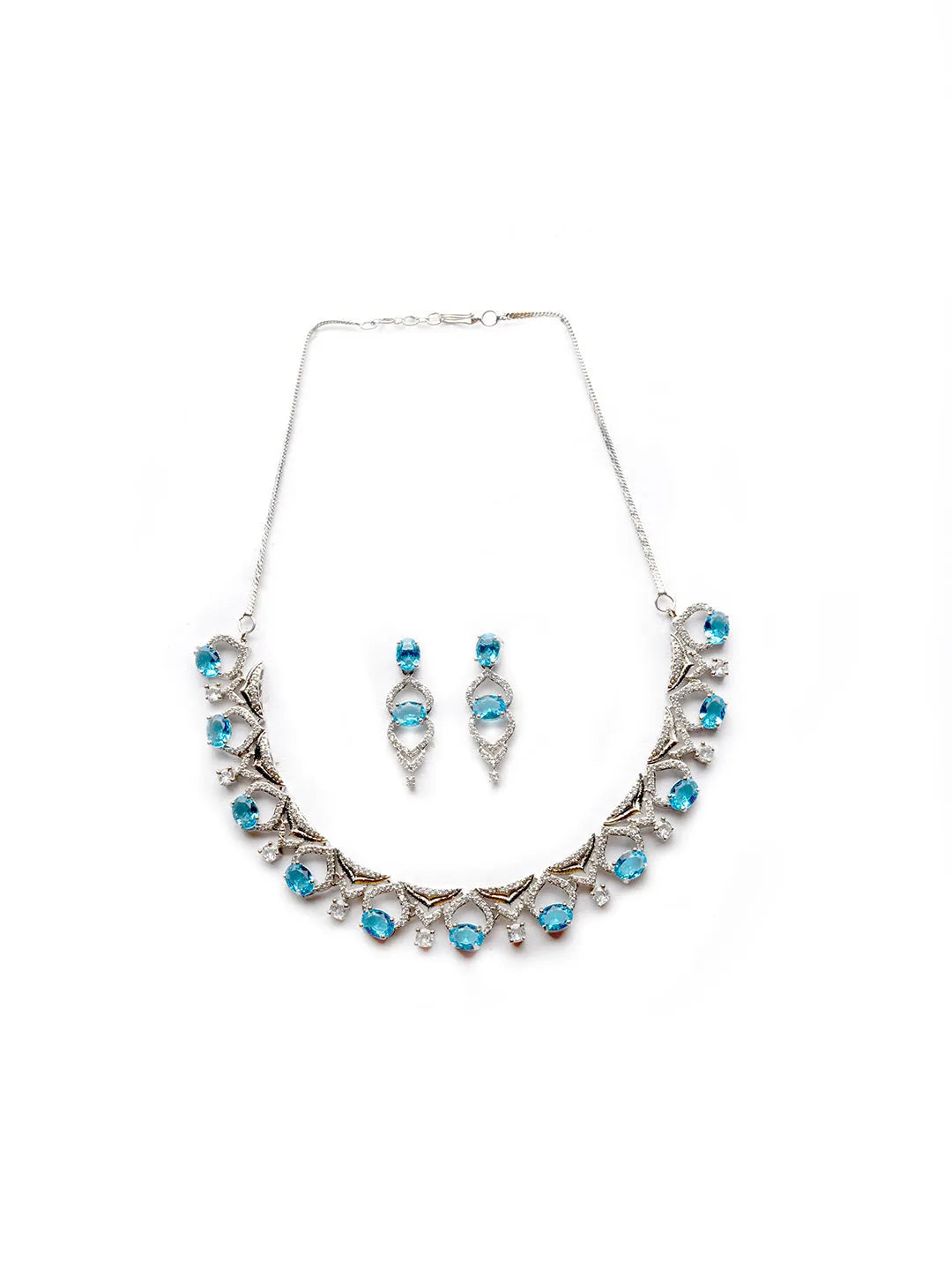 Sleek Cut Work Crystal Blue CZ AD Necklace