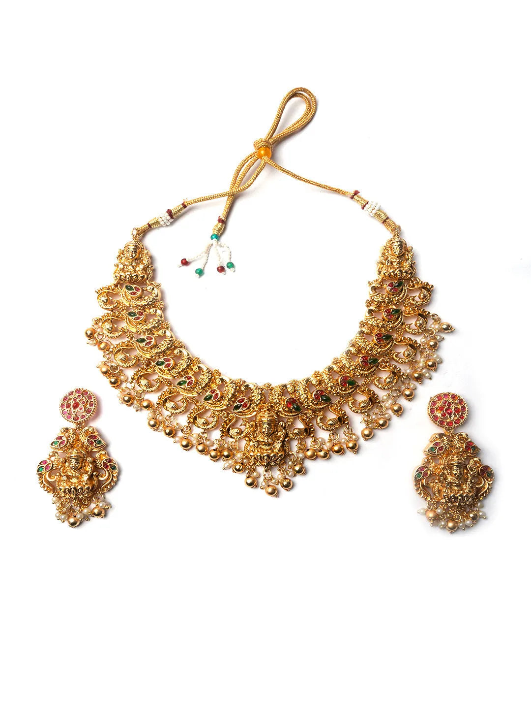 Gold Plated Mahalakshmi Necklace set with Gold Droplet Beads