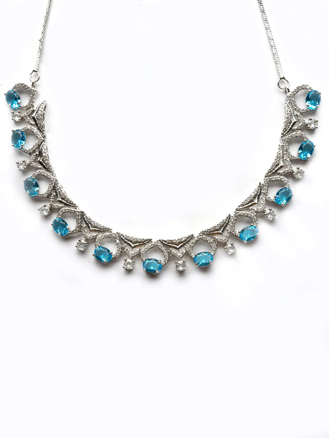 Sleek Cut Work Crystal Blue CZ AD Necklace