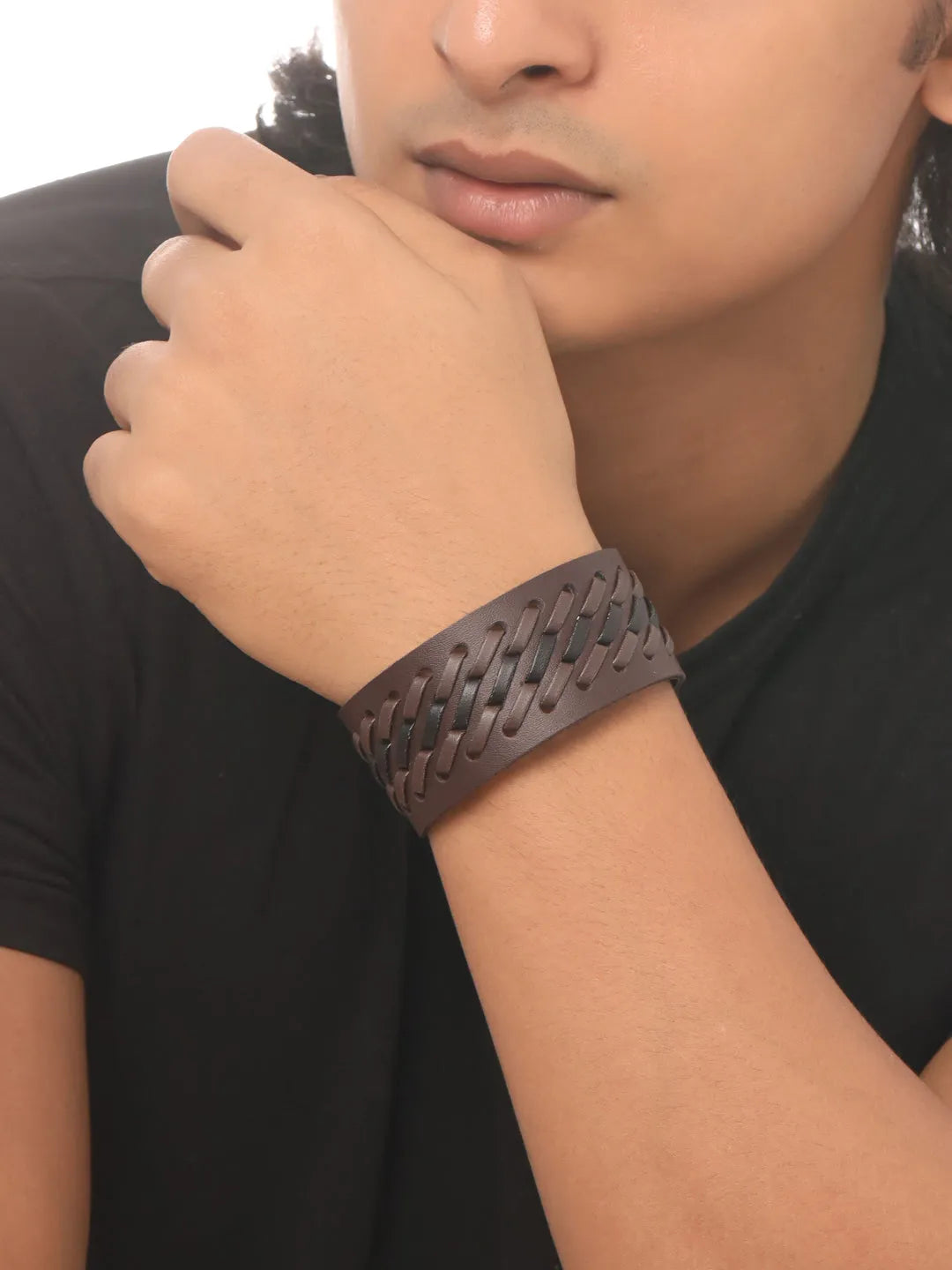 Men Black leather wraparound bracelet