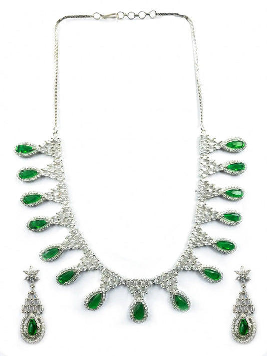 Green AD-CZ Tear Drop Statement Necklace Set