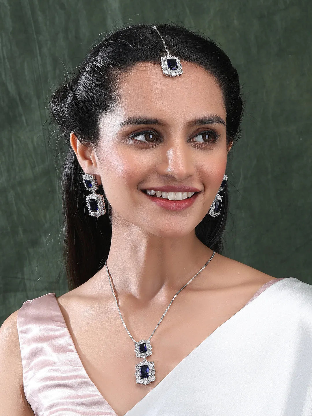 Silver Plated Blue Square CZ Big Pendant Set With Earrings and Maangtika