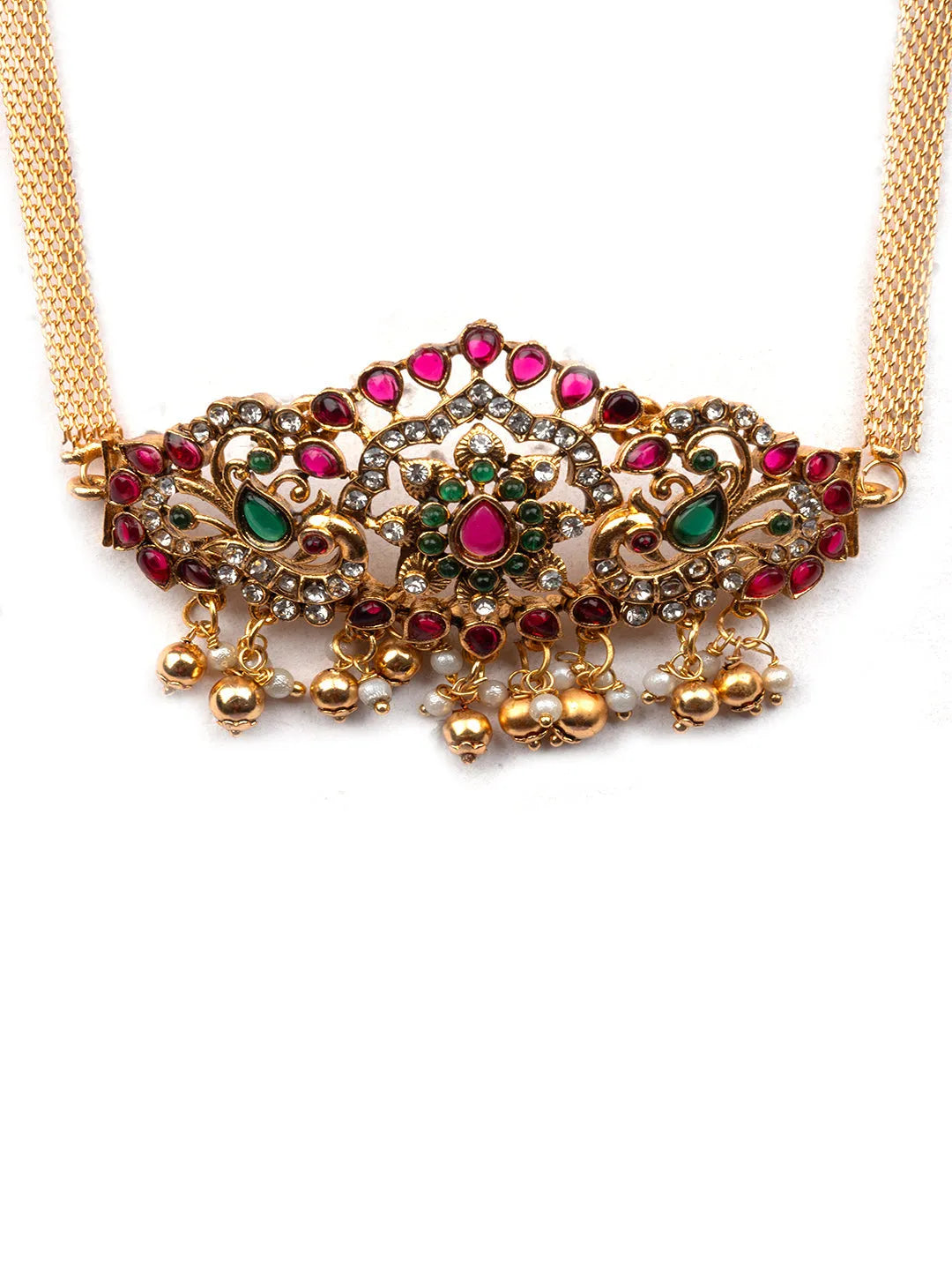 Stunning Gold Plated Ruby Green Stone Temple Choker Set