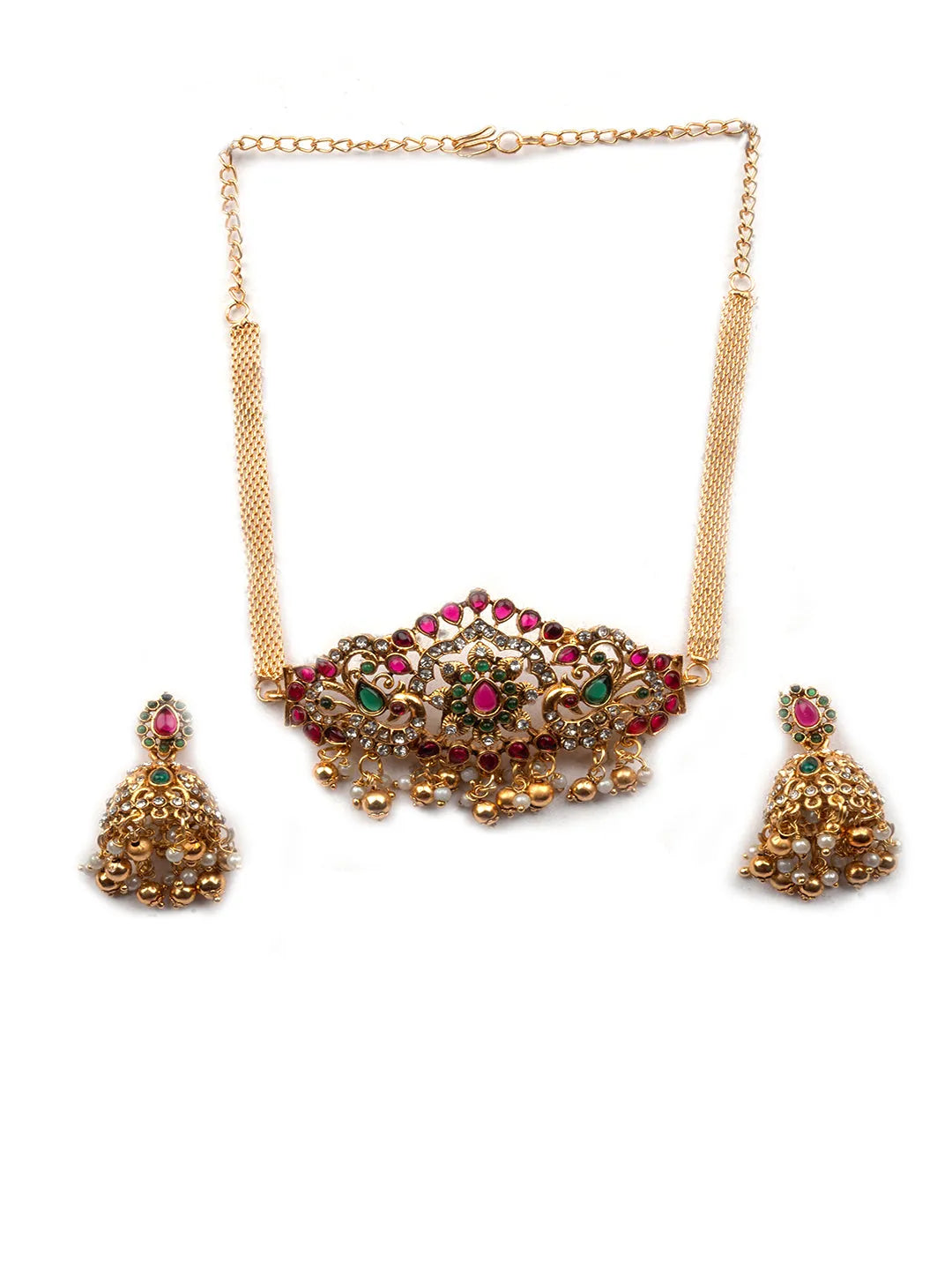 Stunning Gold Plated Ruby Green Stone Temple Choker Set